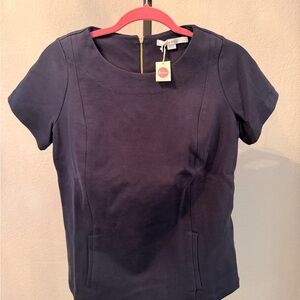 Boden Navy Blue Zip Back Short Sleeve Tee Cotton Blend